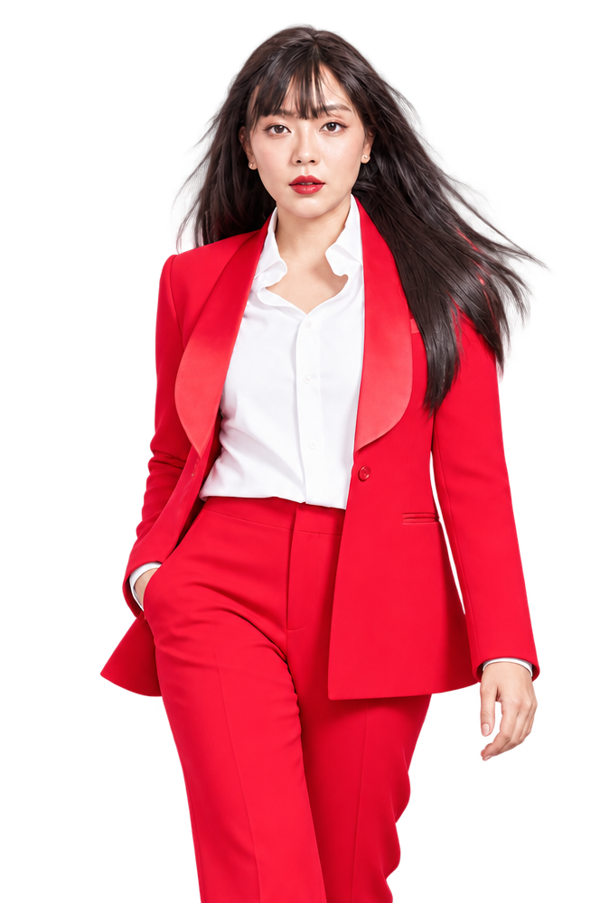 นางแบบชุดสูทสีแดงครึ่งตัวในท่ามั่นใจ